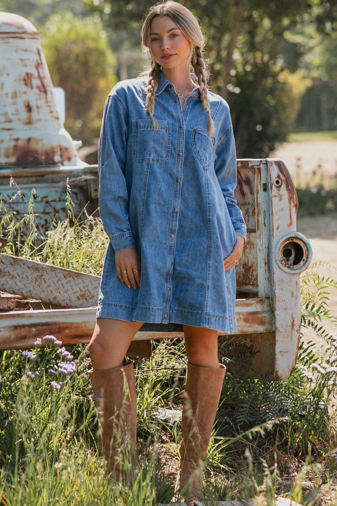 Blue Denim Heart-Pocket Maternity Shirt Dress Blue Denim Heart-Pocket Maternity Shirt Dress