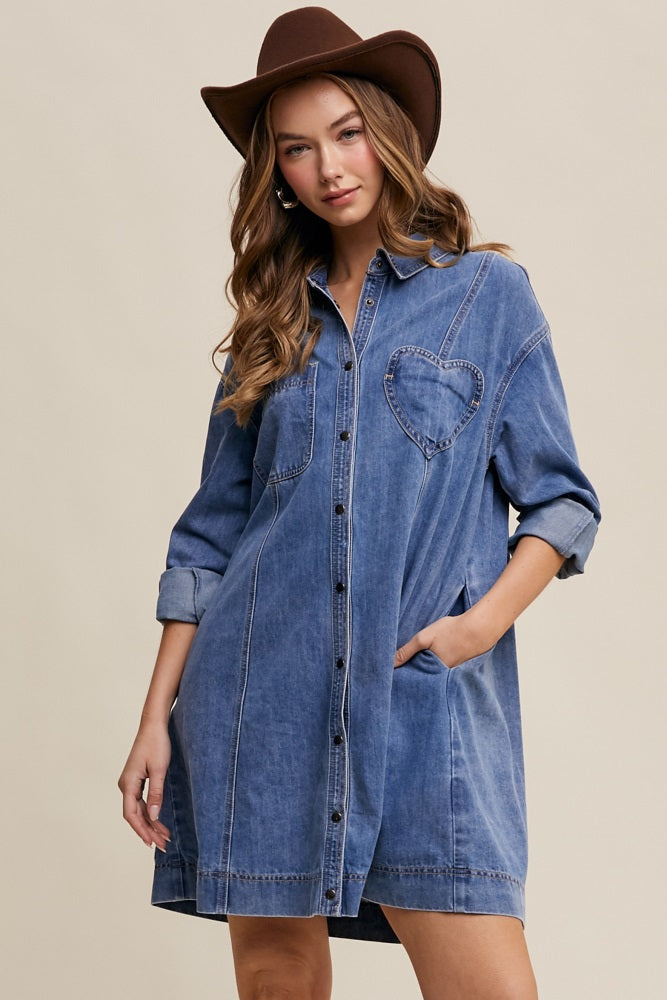 Blue Denim Heart-Pocket Shirt Dress