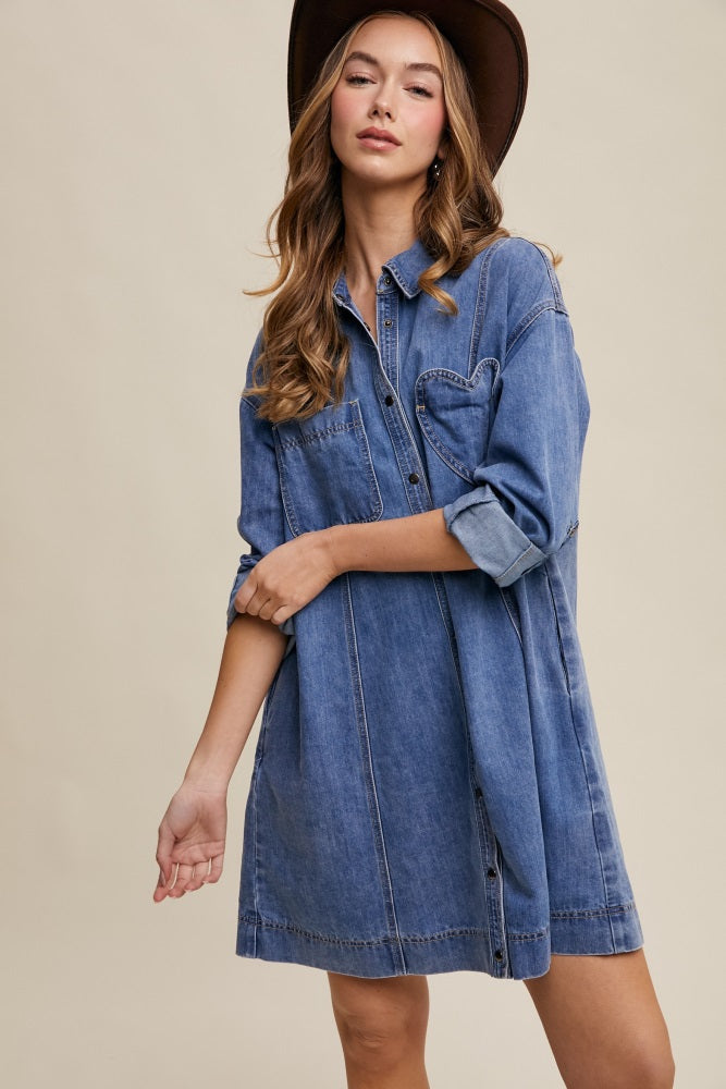 Blue Denim Heart-Pocket Shirt Dress
