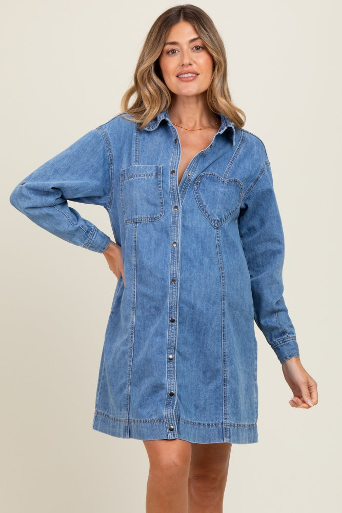 Blue Denim Heart-Pocket Maternity Shirt Dress – PinkBlush