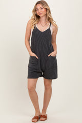 Black Solid Ribbed V-Neck Sleeveless Front Pocket Romper