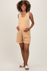 Gold Solid Ribbed V-Neck Sleeveless Front Pocket Maternity Romper
