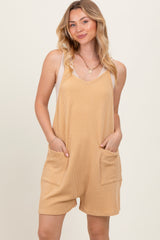 Gold Solid Ribbed V-Neck Sleeveless Front Pocket Romper