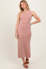 Peach Solid Ribbed Sleeveless Slit Maternity Maxi Dress