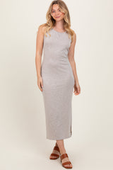 Beige Solid Ribbed Sleeveless Slit Maternity Maxi Dress