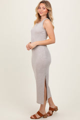Beige Solid Ribbed Sleeveless Slit Maxi Dress