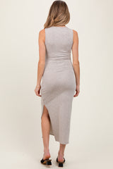 Beige Solid Ribbed Sleeveless Slit Maternity Maxi Dress