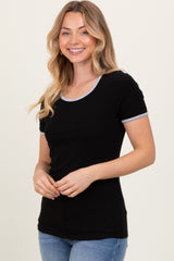 Black Solid Ribbed Short Sleeve Basic Top