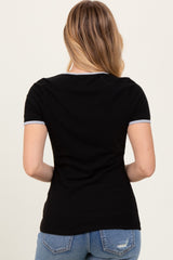Black Solid Ribbed Short Sleeve Basic Top