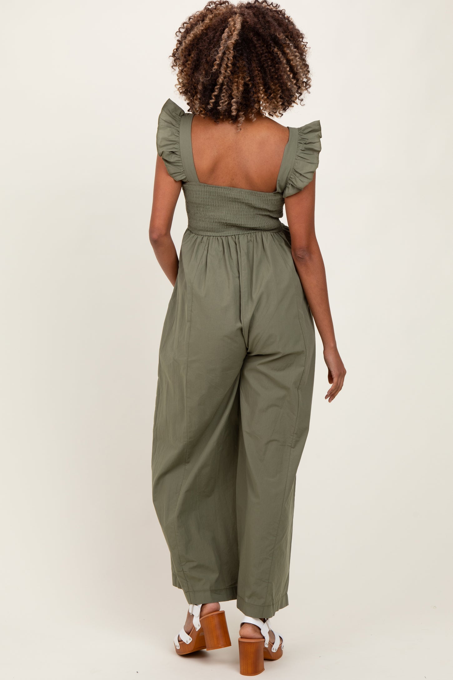 Olive Ruffle Strap Smocked Wide Leg Maternity Jumpsuit