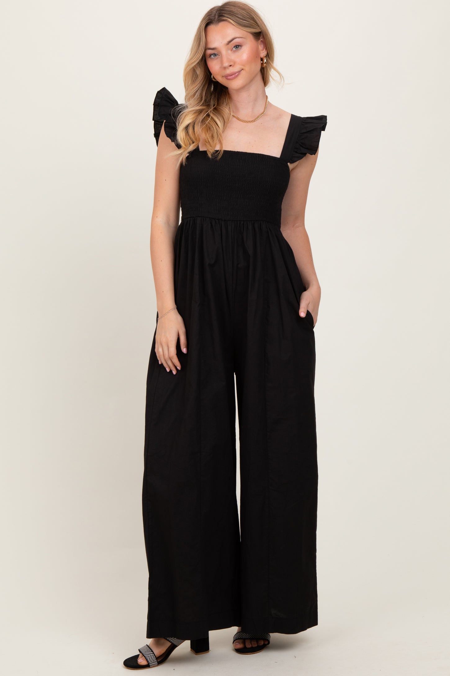 Black Ruffle Strap Smocked Wide Leg Jumpsuit
