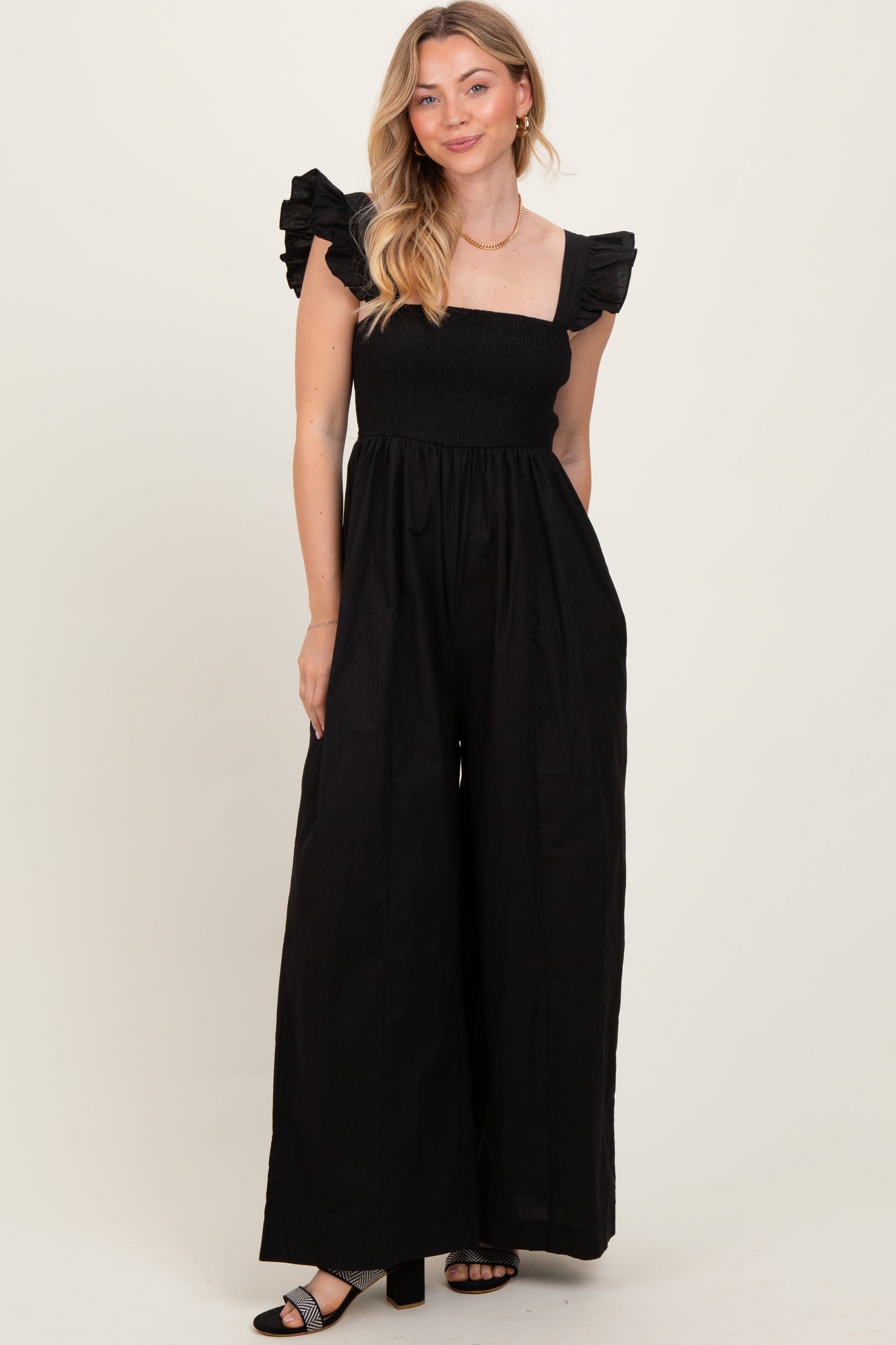 Wide Ruffle Straps Black Ruffle Strap Smocked Wide Leg Jumpsuit – PinkBlush