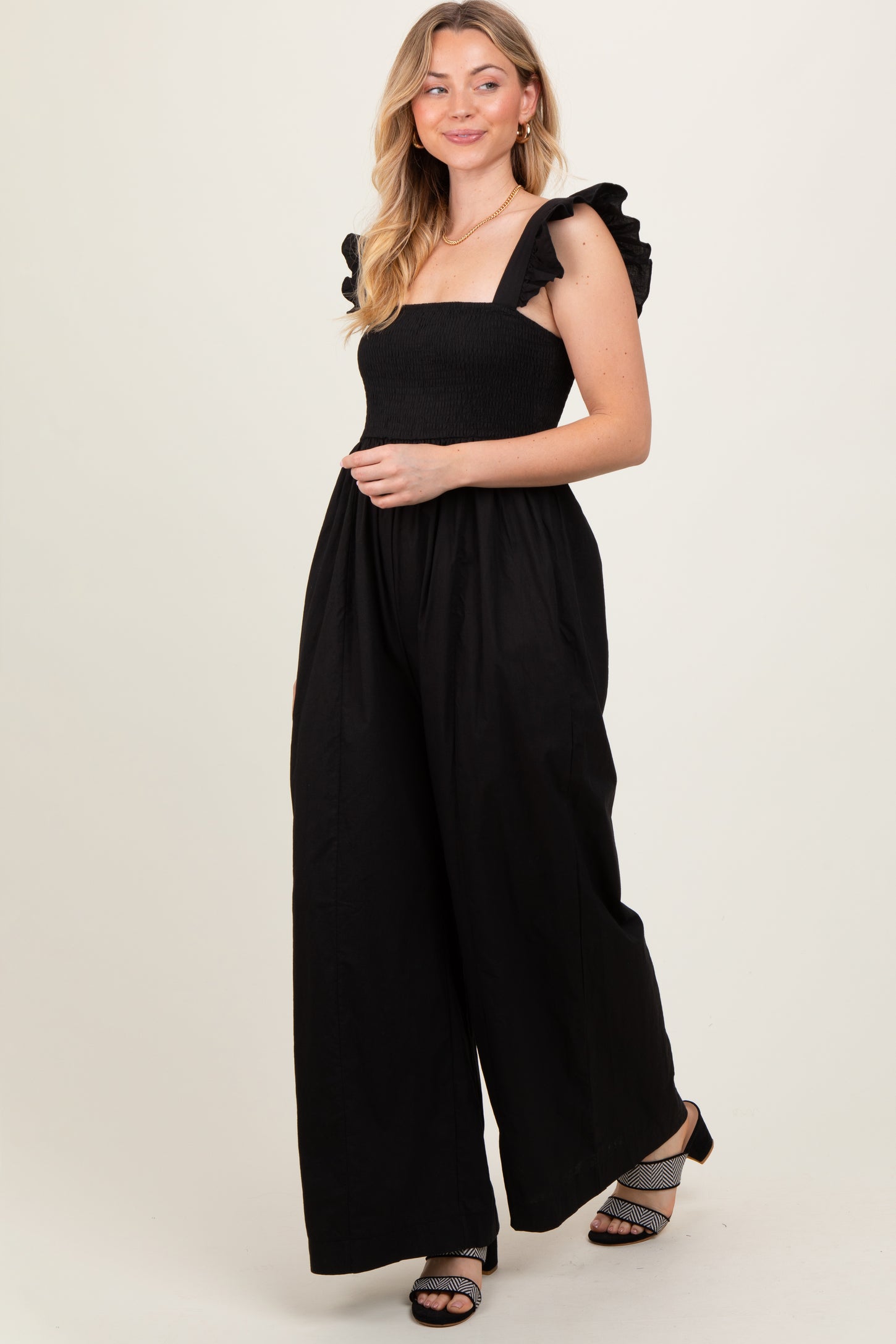 Wide Ruffle Straps Black Ruffle Strap Smocked Wide Leg Jumpsuit – PinkBlush