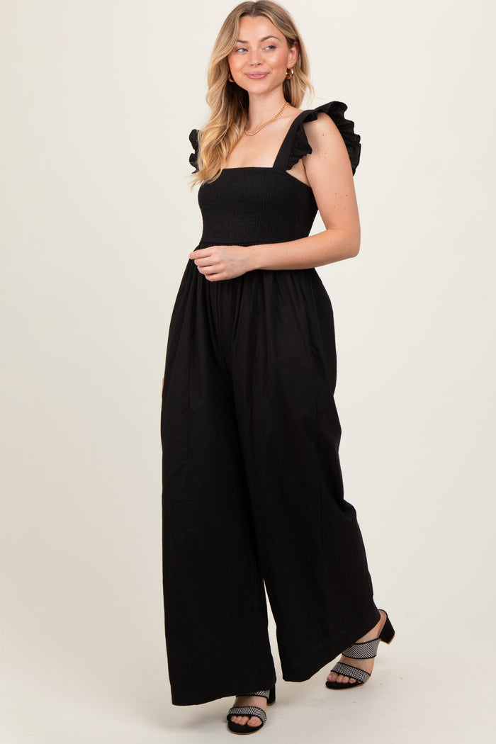 Black Ruffle Strap Smocked Wide Leg Jumpsuit
