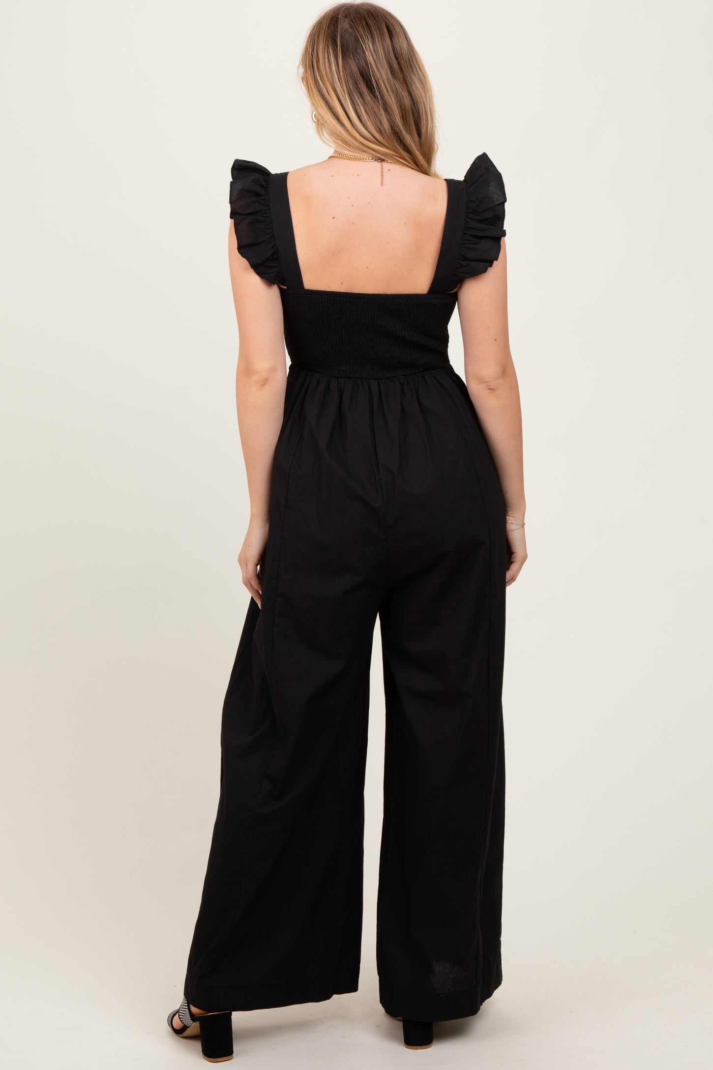 Wide Ruffle Straps Black Ruffle Strap Smocked Wide Leg Jumpsuit – PinkBlush