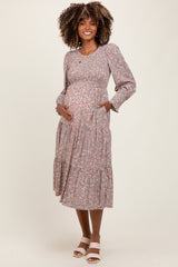Taupe Floral Smocked Bubble Sleeve Maternity Midi Dress