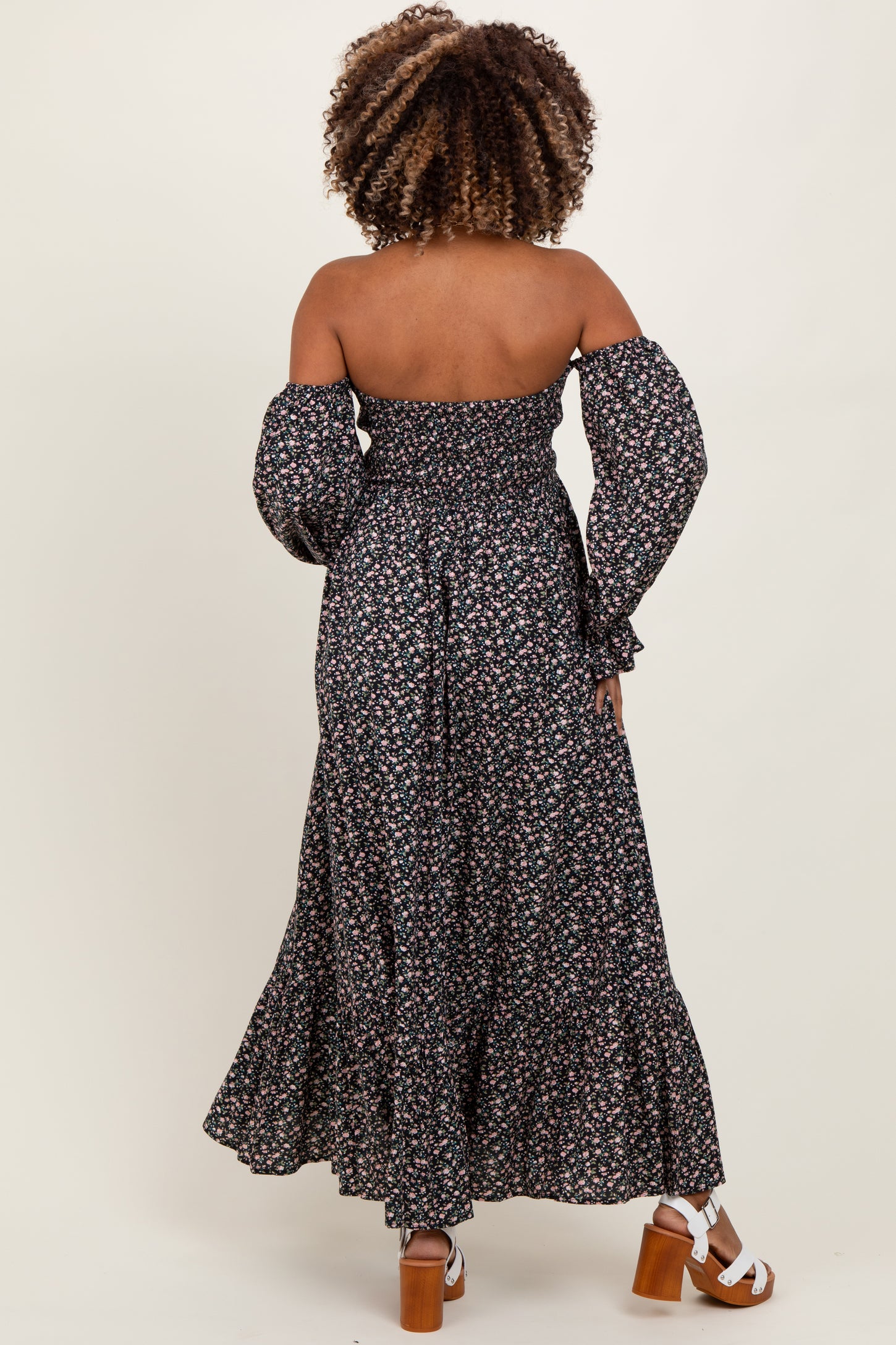 Black Floral Smocked Off Shoulder Maternity Maxi Dress