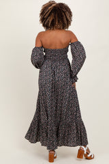Black Floral Smocked Off Shoulder Maternity Maxi Dress