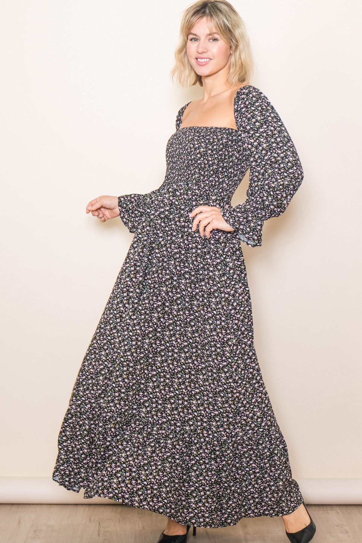 Black Floral Smocked Off Shoulder Maxi Dress PinkBlush Black Floral Smocked Off Shoulder Maxi Dress PinkBlush