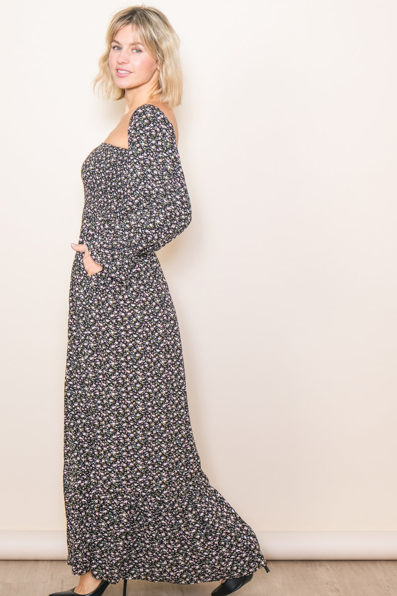 Black Floral Smocked Off Shoulder Maxi Dress– PinkBlush