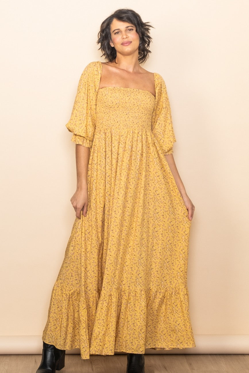 yellow floral maternity dress Smocked Off Shoulder Maxi The smocked bodice gently Size:Medium / B Anthropologie New Arrival Spring Non_Traditional