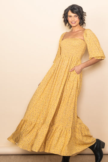 Yellow Floral Smocked Off Shoulder Maxi Dress