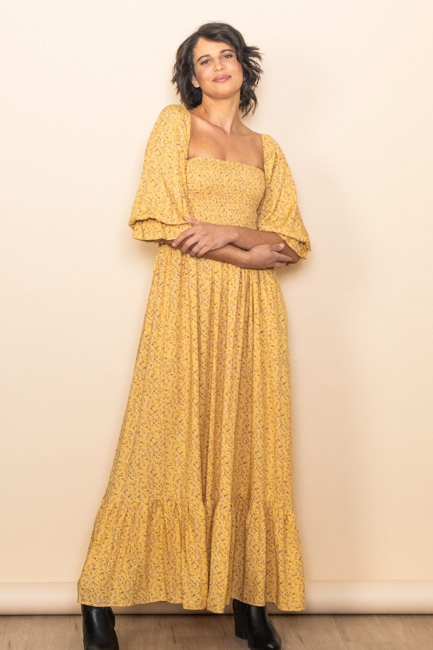 Yellow Floral Smocked Off Shoulder Maxi Dress