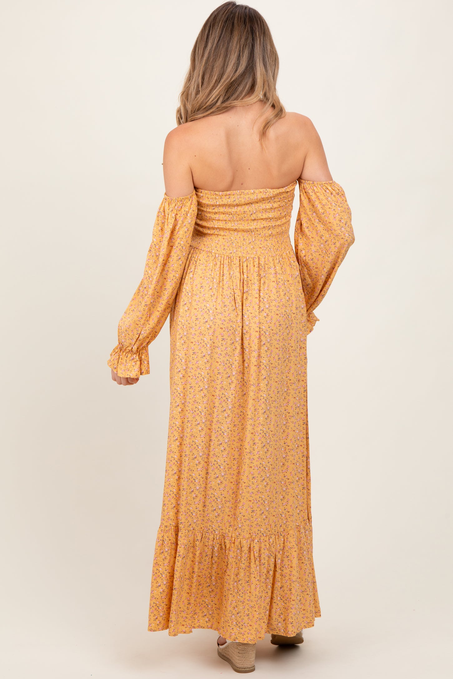 smocked off the shoulder floral dress Yellow Floral Smocked Off Shoulder Maternity Maxi Dress