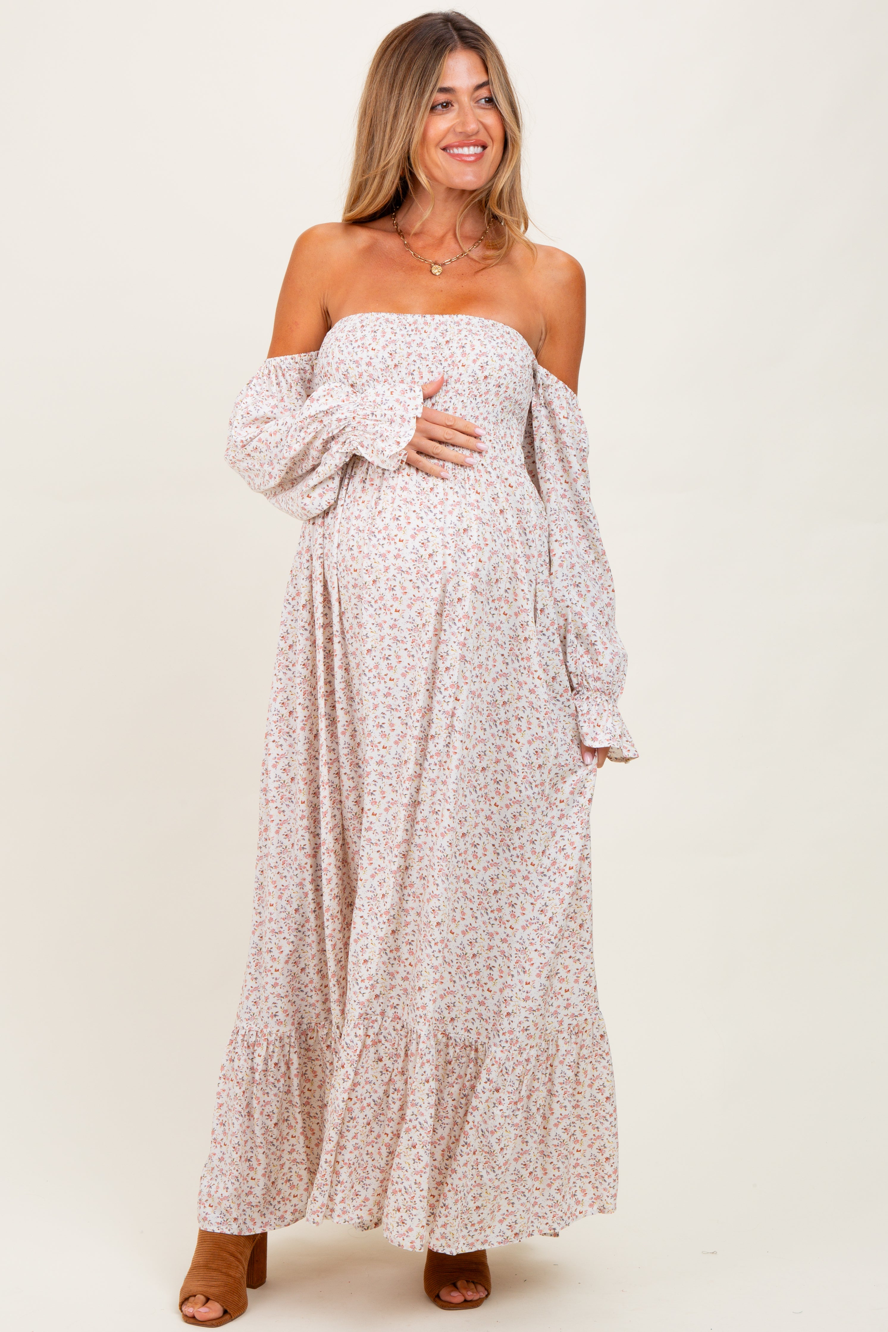 cream off the shoulder maternity dress Off-the-shoulder Sheer High Slit Maxi Maternity Dress