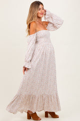 Cream Floral Smocked Off Shoulder Maternity Maxi Dress