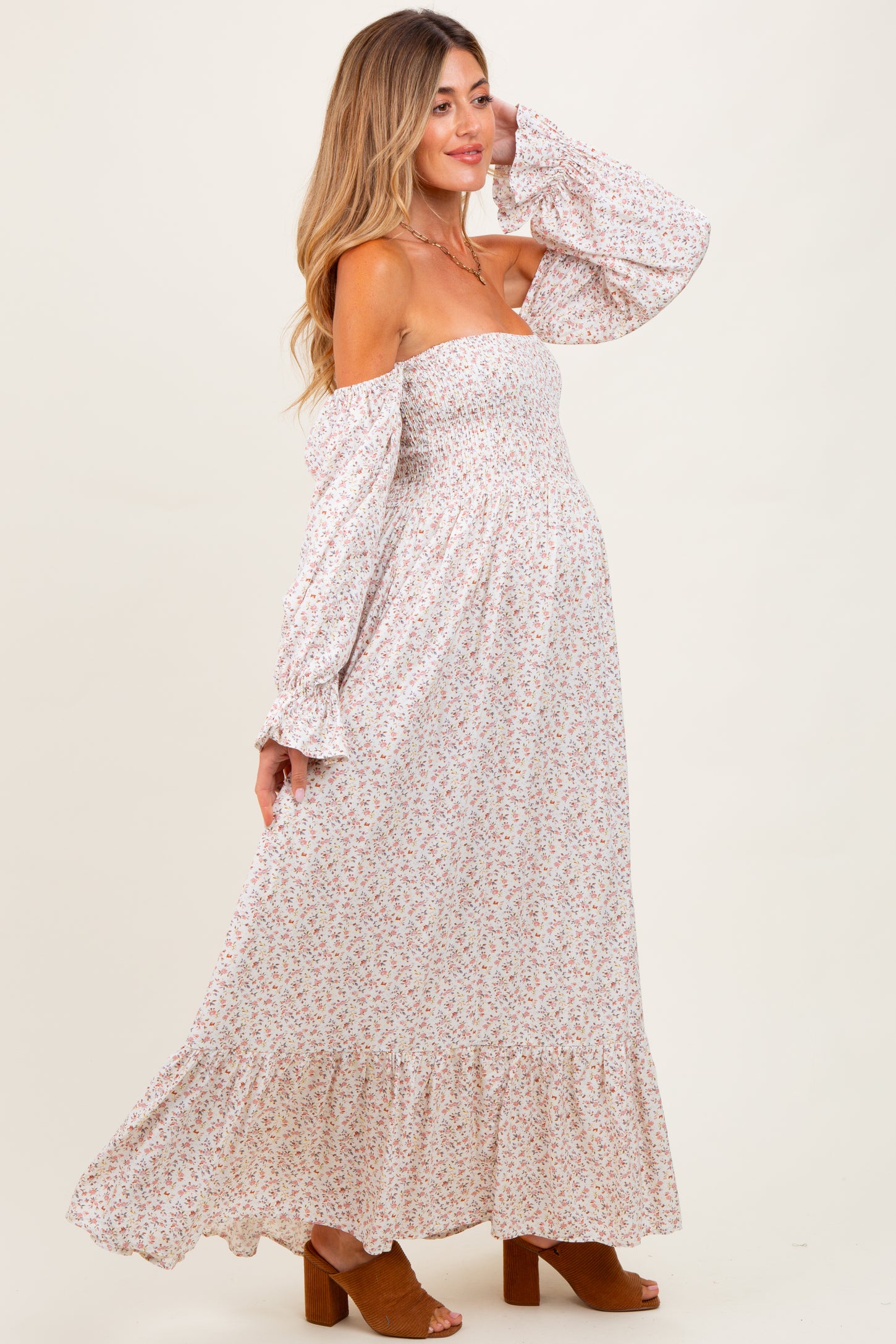 smocked off the shoulder dress Tropical Floral Off-Shoulder Bodice Summer Maxi Floral / S Why Youll Love It Love Story Smocked Off Shoulder