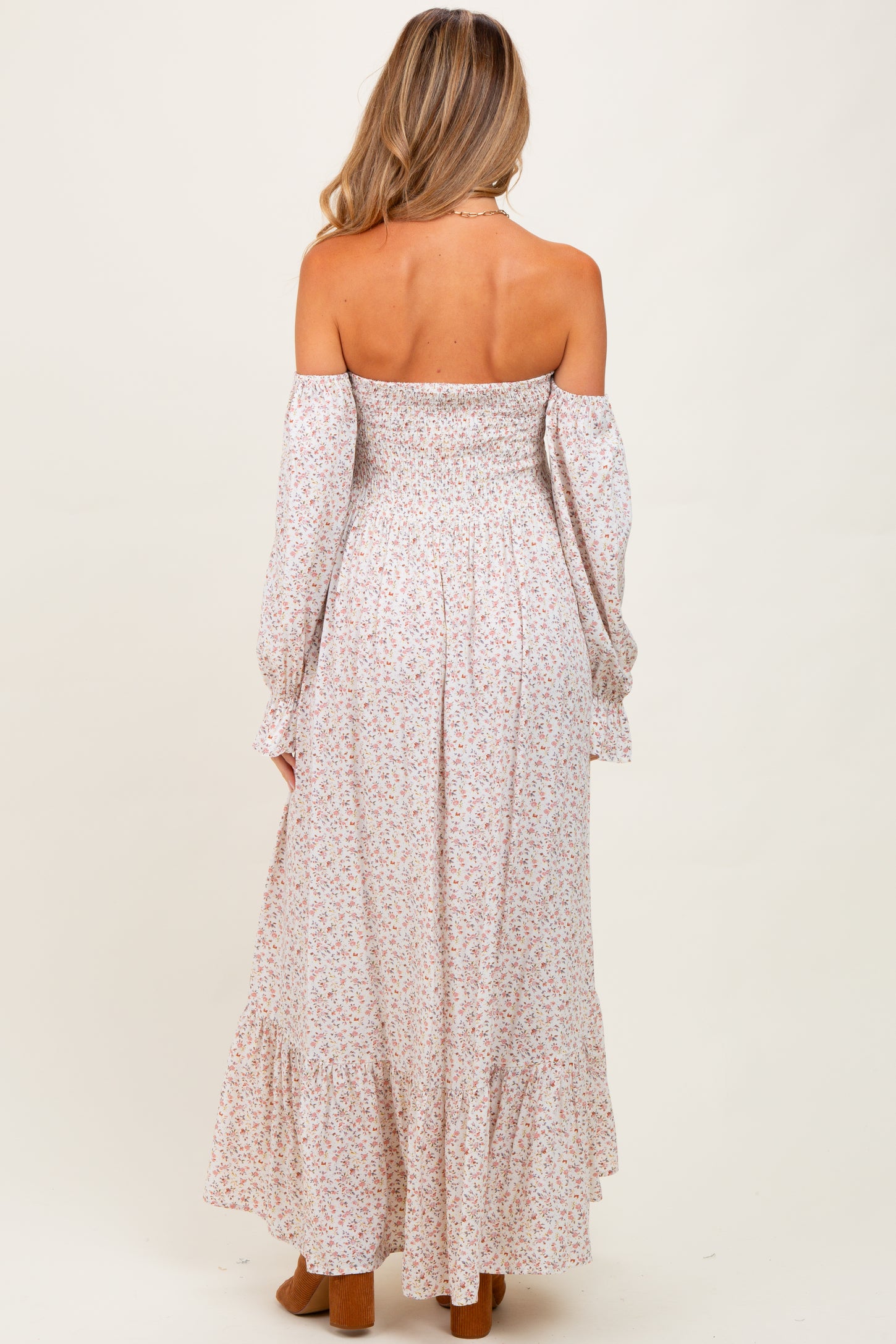 pink and cream floral dress Sasilia Floral Puff Sleeve Dress