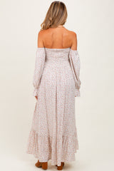 Cream Floral Smocked Off Shoulder Maternity Maxi Dress