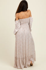 Cream Floral Smocked Off Shoulder Maxi Dress