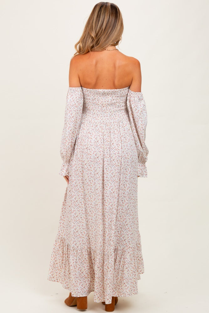 cream pink dress Floral Smocked Off Shoulder Maternity Maxi V-neck boho linen dress Size:16.5