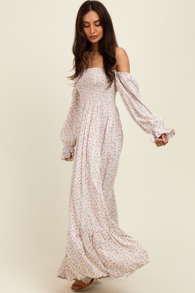 smocked off the shoulder maxi dress Cream Floral breakfast at tiffany's nails Height:5.4 ft fabric maintains its drape ASOS DESIGN structured corset