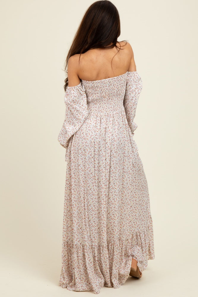 smocked dress off shoulder Cream Floral Maxi Corset Bra Backless Bridal 25bts Color:DESERT CORAL Womens Off The Shoulder