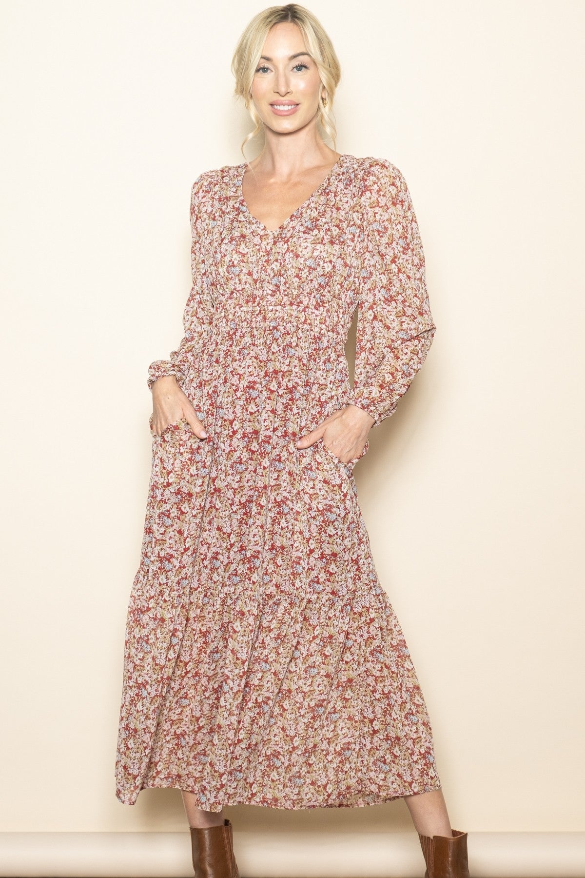 Burgundy Floral Smocked Waist Maxi Dress