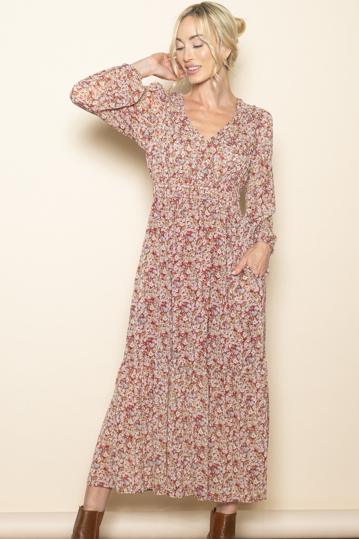 Burgundy Floral Smocked Waist Maxi Dress