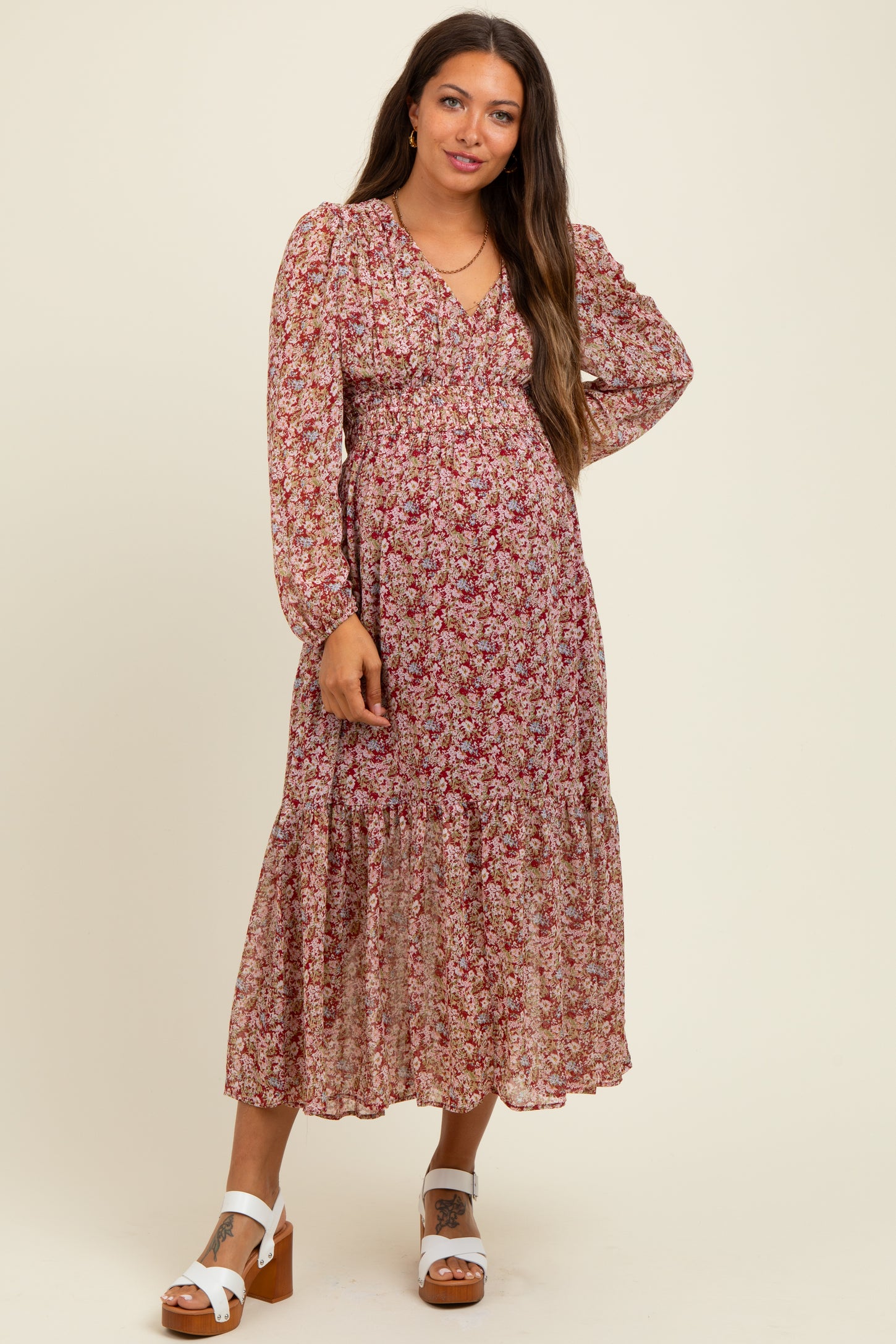 Burgundy Floral Smocked Waist Maternity Maxi Dress