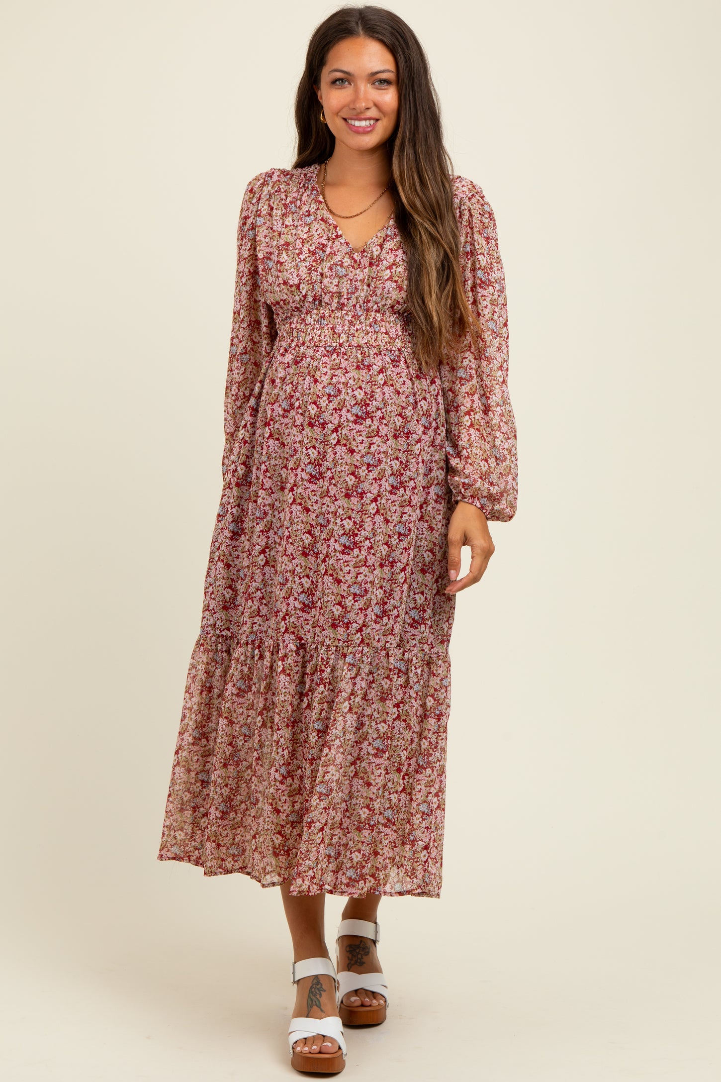 Burgundy Floral Smocked Waist Maternity Maxi Dress