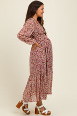 Burgundy Floral Smocked Waist Maternity Maxi Dress
