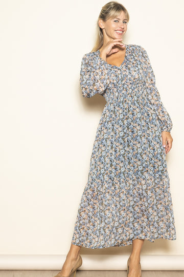 Blue Floral Smocked Waist Maxi Dress
