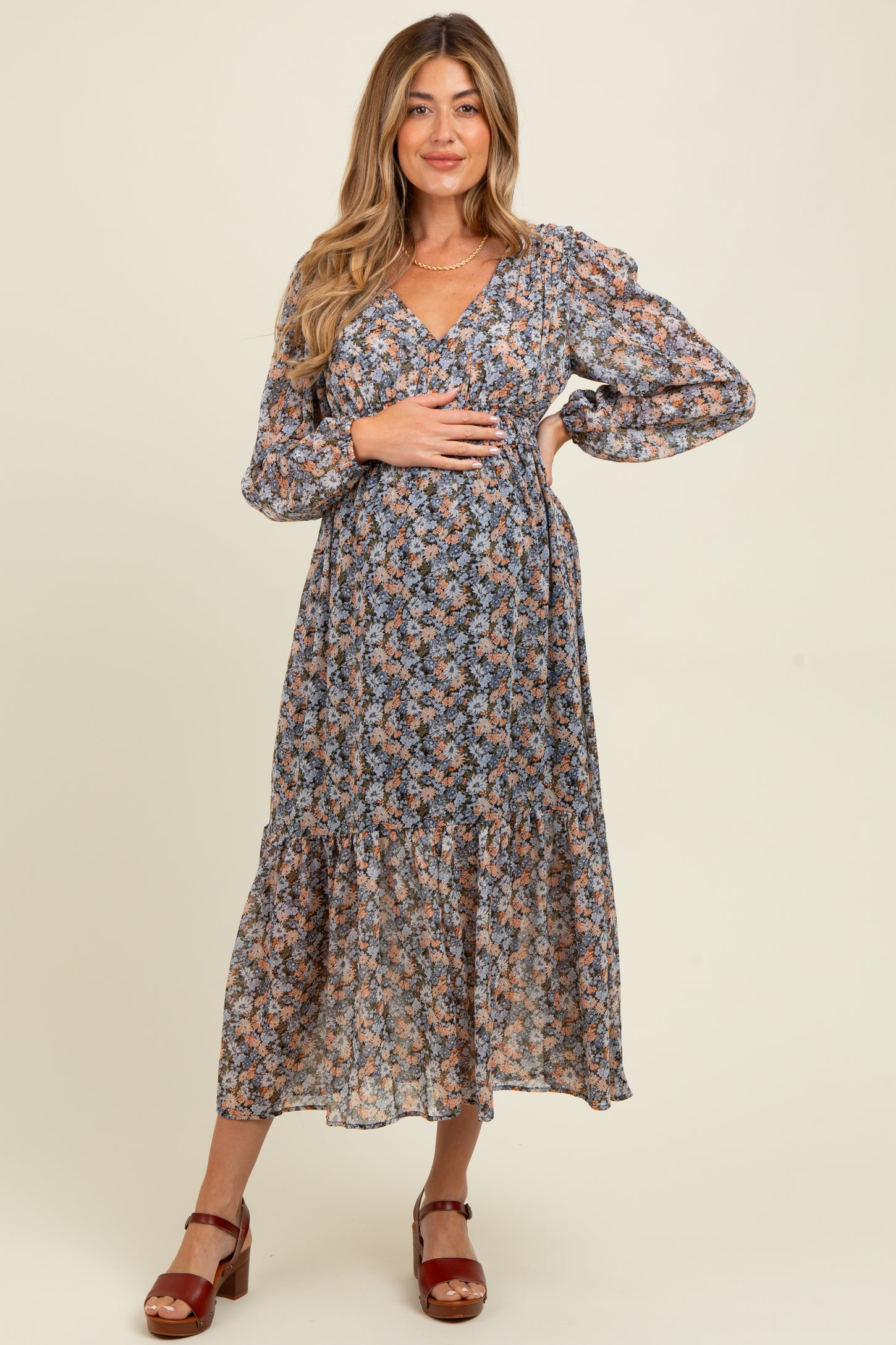 Blue Floral Smocked Waist Maternity Maxi Dress