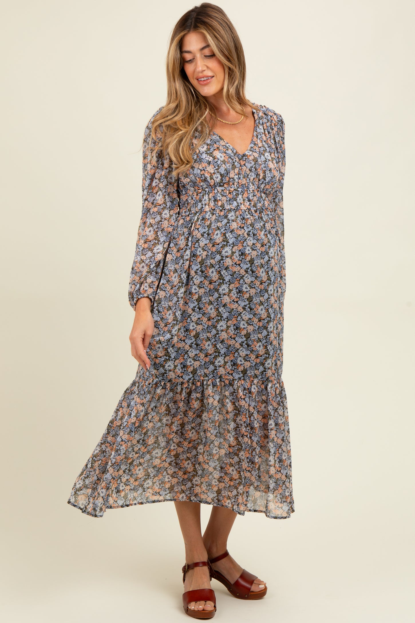 Blue Floral Smocked Waist Maternity Maxi Dress