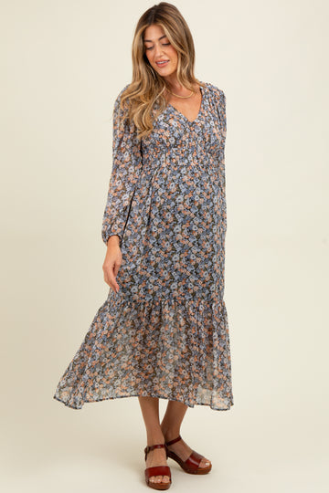 Blue Floral Smocked Waist Maternity Maxi Dress