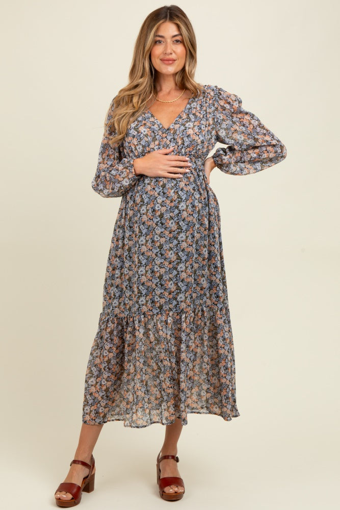 Blue Floral Smocked Waist Maternity Maxi Dress