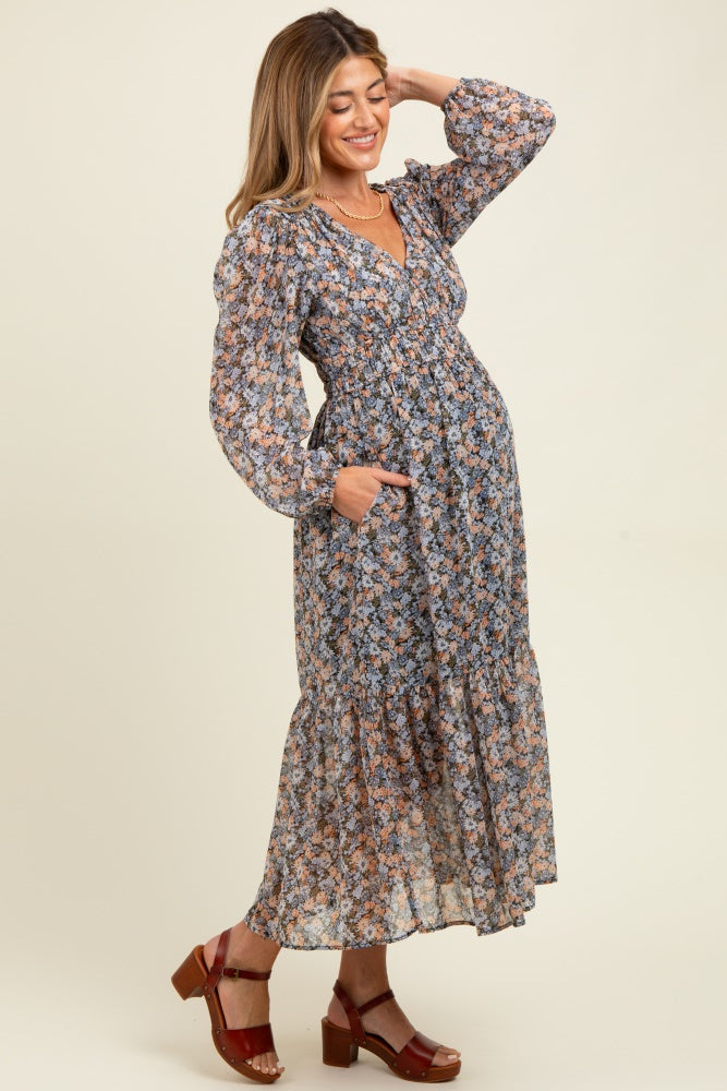 Blue Floral Smocked Waist Maternity Maxi Dress