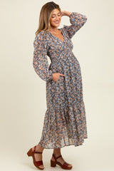 Blue Floral Smocked Waist Maternity Maxi Dress