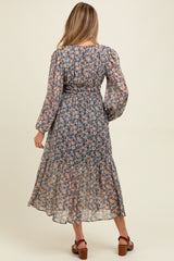 Blue Floral Smocked Waist Maternity Maxi Dress